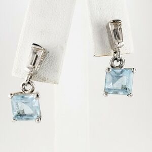 Sterling Silver 925 Pale Blue Topaz and Clear CZ Dangle Post Earrings Signed ATI